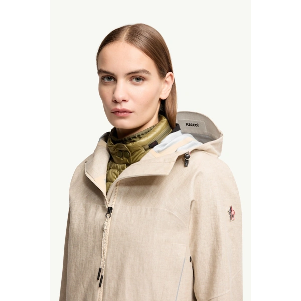 Moncler Chartres Linen Blend Hooded Jacket in Gray Beige, view 6 | Women's Jackets | Coveti