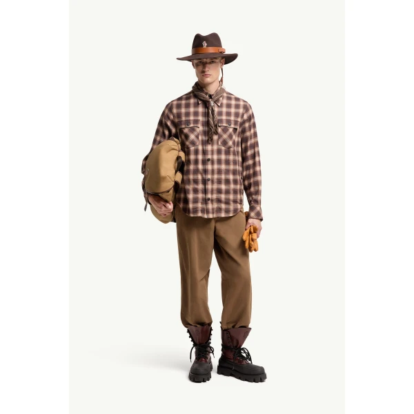 Moncler Check Cotton Blend Long Sleeve Shirt in Brown, view 2 | Men's Shirts | Coveti