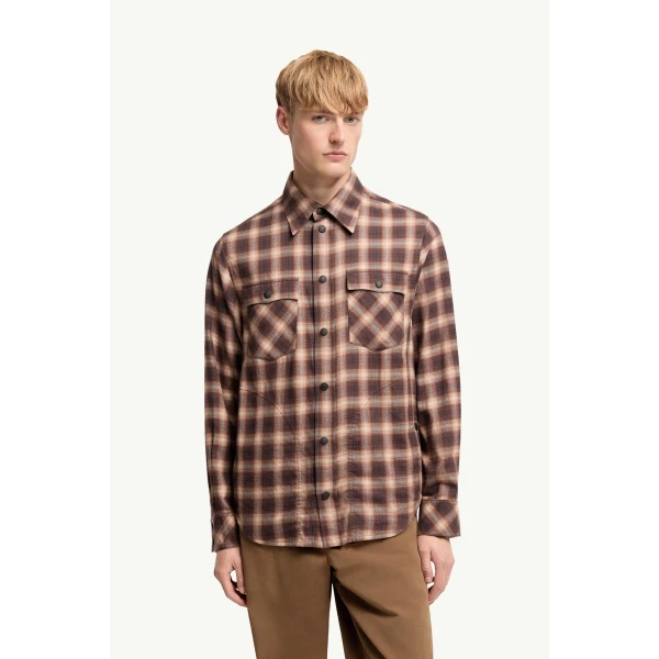 Moncler Check Cotton Blend Long Sleeve Shirt in Brown, view 4 | Men's Shirts | Coveti