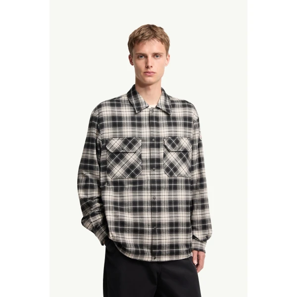 Moncler Check Cotton Flannel Zip-Up Shirt in Black & White, view 4 | Men's Shirts | Coveti