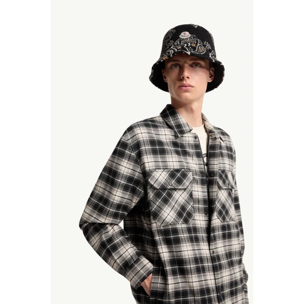 Moncler Check Cotton Flannel Zip-Up Shirt in Black & White, view 6 | Men's Shirts | Coveti