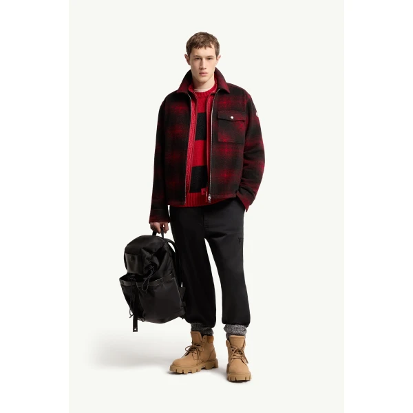Moncler Check Jersey Zip-up Shirt Jacket in Black & Red, view 2 | Men's Jackets | Coveti