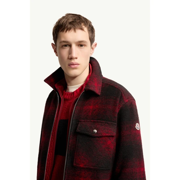 Moncler Check Jersey Zip-up Shirt Jacket in Black & Red, view 3 | Men's Jackets | Coveti