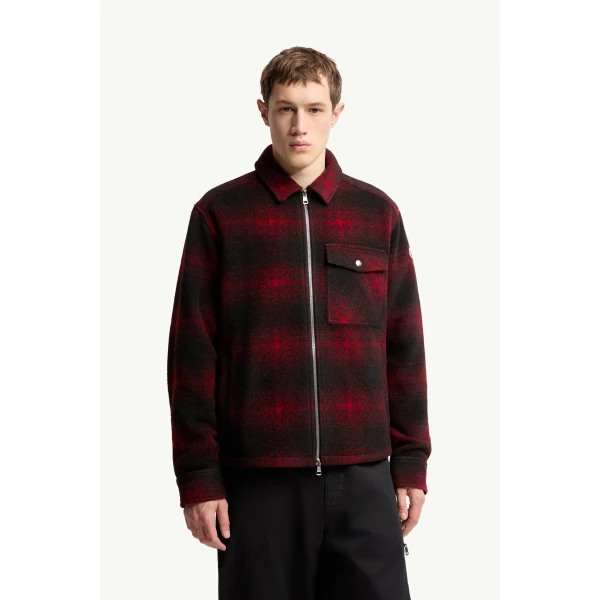 Moncler Check Jersey Zip-up Shirt Jacket in Black & Red, view 4 | Men's Jackets | Coveti