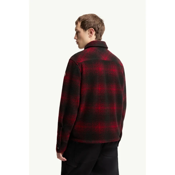 Moncler Check Jersey Zip-up Shirt Jacket in Black & Red, view 5 | Men's Jackets | Coveti