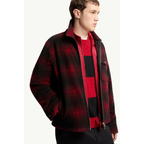 Moncler Check Jersey Zip-up Shirt Jacket in Black & Red, view 6 | Men's Jackets | Coveti