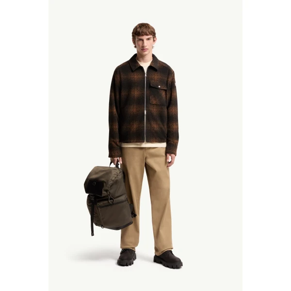 Moncler Check Jersey Zip-up Shirt Jacket in Brown & Black, view 2 | Men's Jackets | Coveti