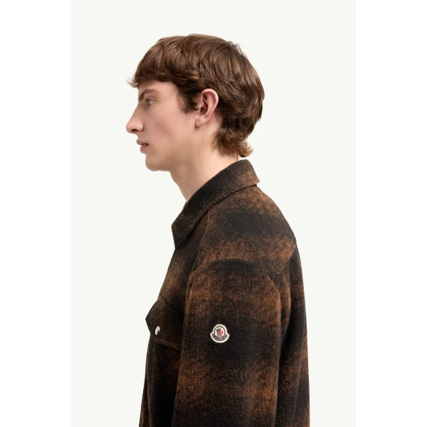 Moncler Check Jersey Zip-up Shirt Jacket in Brown & Black, view 3 | Men's Jackets | Coveti