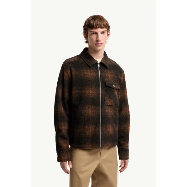 Moncler Check Jersey Zip-up Shirt Jacket in Brown & Black, view 4 | Men's Jackets | Coveti