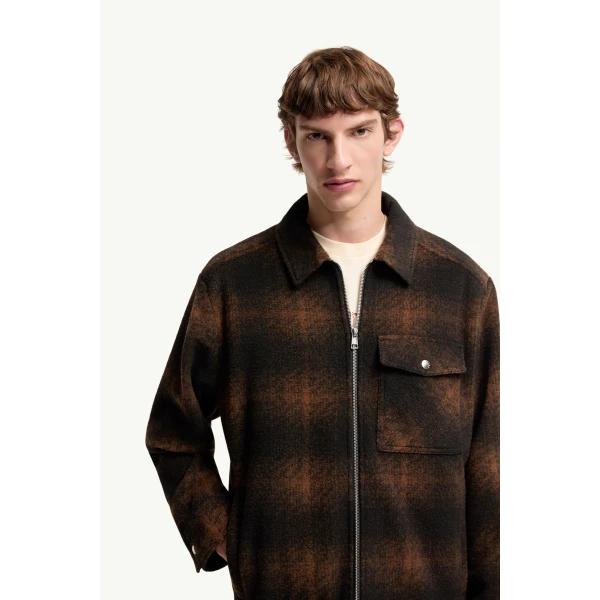 Moncler Check Jersey Zip-up Shirt Jacket in Brown & Black, view 6 | Men's Jackets | Coveti