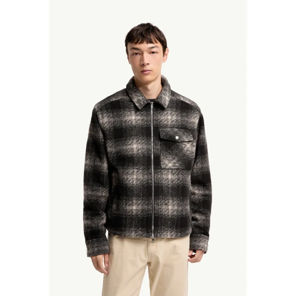 Moncler Check Jersey Zip-up Shirt in Black & Gray, view 4 | Men's Jackets | Coveti