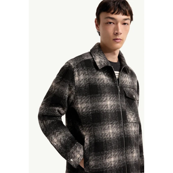 Moncler Check Jersey Zip-up Shirt in Black & Gray, view 6 | Men's Jackets | Coveti
