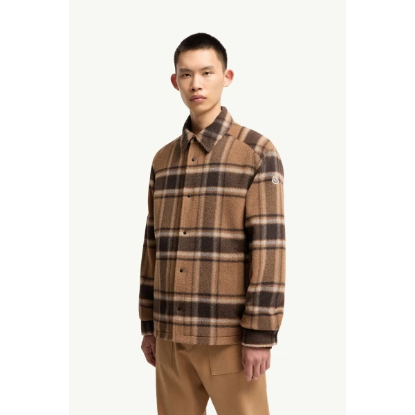 Moncler Check Wool Shirt Jacket in Beige & Brown, view 4 | Men's Jackets | Coveti