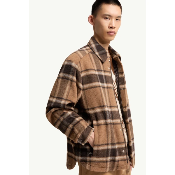 Moncler Check Wool Shirt Jacket in Beige & Brown, view 6 | Men's Jackets | Coveti