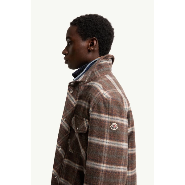 Moncler Check Wool Shirt Jacket in Brown, view 3 | Men's Jackets | Coveti