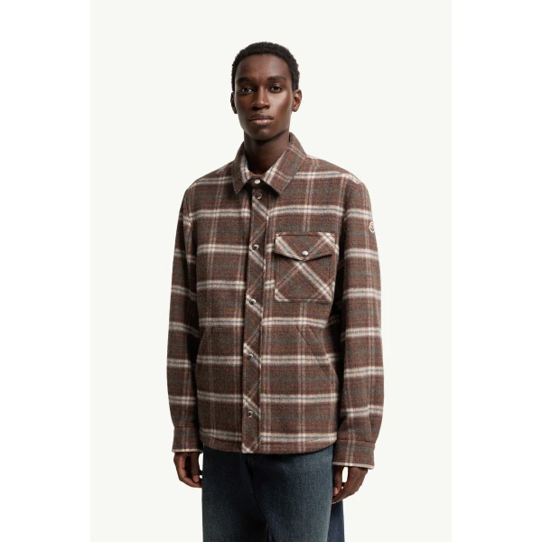 Moncler Check Wool Shirt Jacket in Brown, view 4 | Men's Jackets | Coveti