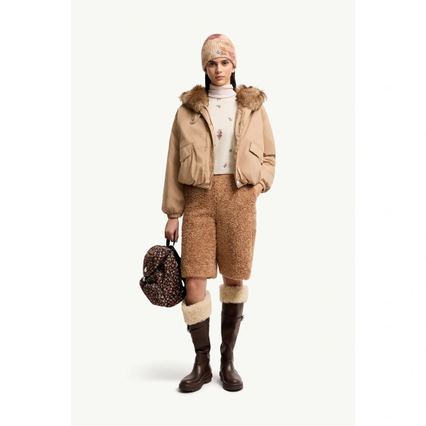 Moncler Cheveche Hooded Short Down Jacket in Beige, view 2 | Women's Puffer Jackets | Coveti