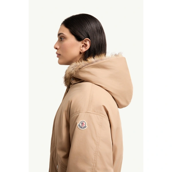 Moncler Cheveche Hooded Short Down Jacket in Beige, view 3 | Women's Puffer Jackets | Coveti
