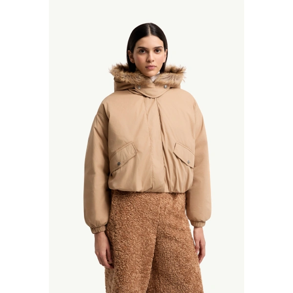 Moncler Cheveche Hooded Short Down Jacket in Beige, view 4 | Women's Puffer Jackets | Coveti