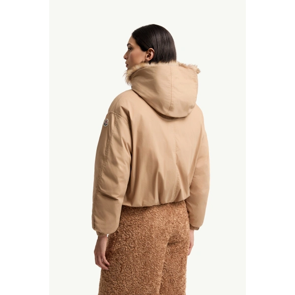 Moncler Cheveche Hooded Short Down Jacket in Beige, view 5 | Women's Puffer Jackets | Coveti