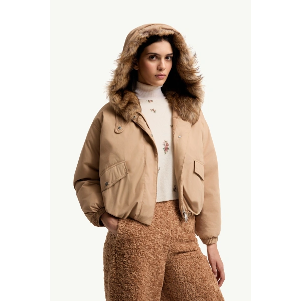 Moncler Cheveche Hooded Short Down Jacket in Beige, view 6 | Women's Puffer Jackets | Coveti