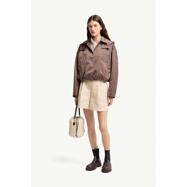 Moncler Chevreuil Duchesse Short Down Jacket in Brown, view 2 | Women's Puffer Jackets | Coveti