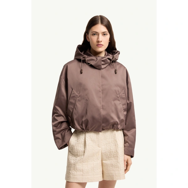 Moncler Chevreuil Duchesse Short Down Jacket in Brown, view 4 | Women's Puffer Jackets | Coveti