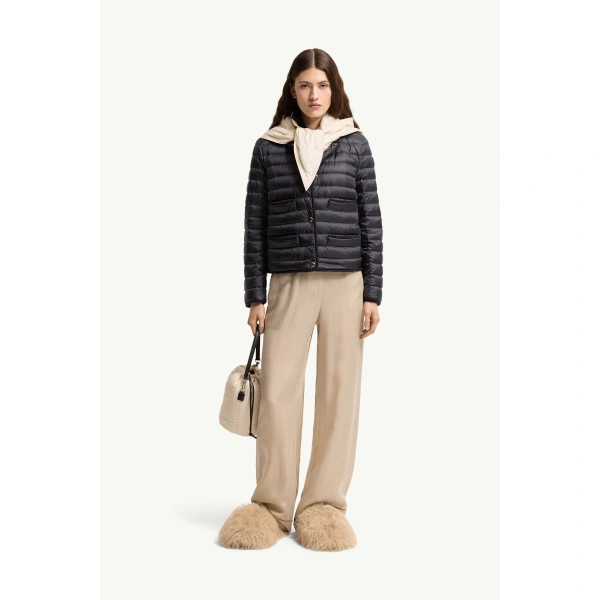 Moncler Circaete Braided Trim Short Down Jacket in Navy Blue, view 2 | Women's Puffer Jackets | Coveti