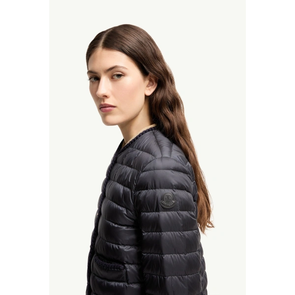 Moncler Circaete Braided Trim Short Down Jacket in Navy Blue, view 3 | Women's Puffer Jackets | Coveti