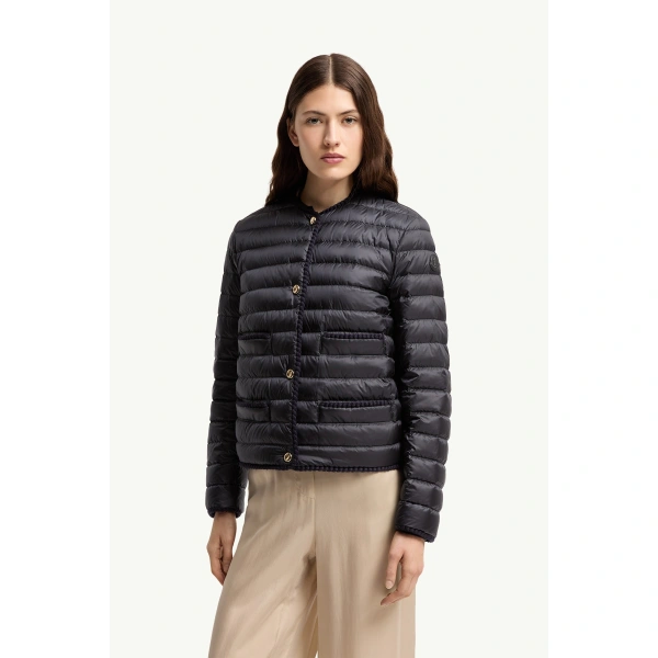 Moncler Circaete Braided Trim Short Down Jacket in Navy Blue, view 4 | Women's Puffer Jackets | Coveti
