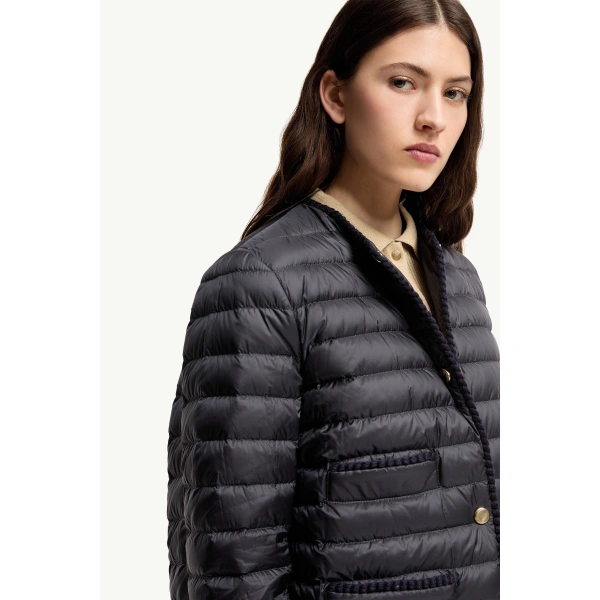 Moncler Circaete Braided Trim Short Down Jacket in Navy Blue, view 6 | Women's Puffer Jackets | Coveti