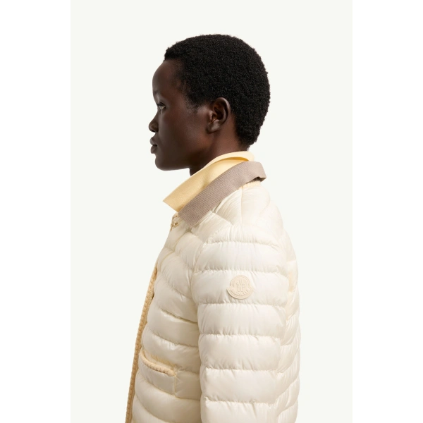 Moncler Circaete Braided Trim Short Down Jacket in White Ivory, view 3 | Women's Puffer Jackets | Coveti