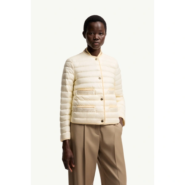 Moncler Circaete Braided Trim Short Down Jacket in White Ivory, view 4 | Women's Puffer Jackets | Coveti