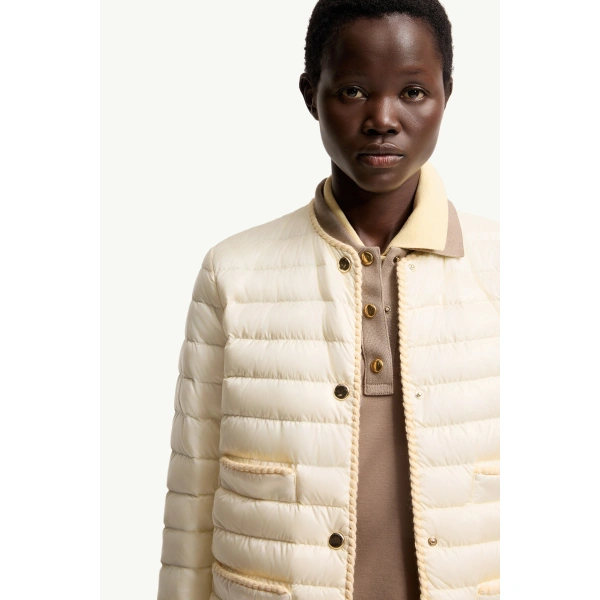 Moncler Circaete Braided Trim Short Down Jacket in White Ivory, view 6 | Women's Puffer Jackets | Coveti