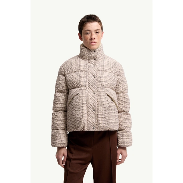 Moncler Cloante Short Down Jacket in Light Beige, view 4 | Women's Puffer Jackets | Coveti