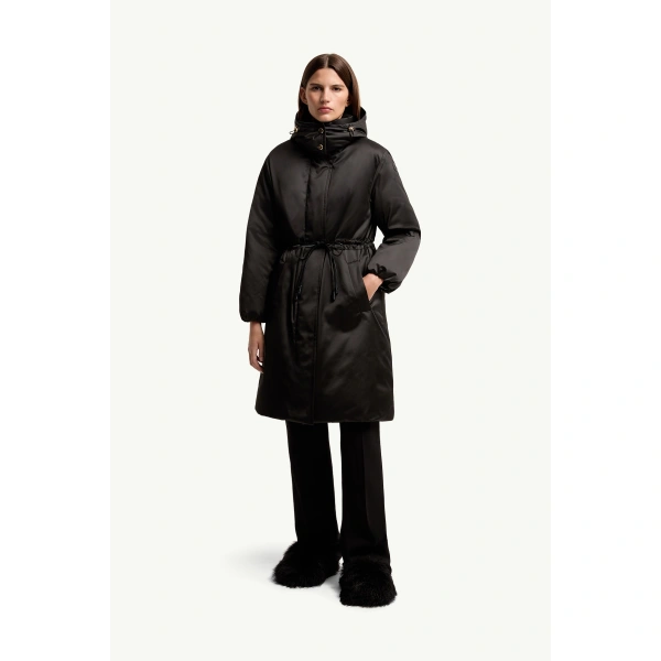 Moncler Contemplatif Hodded Long Down Parka Jacket in Black, view 4 | Women's Puffer and Down Coats | Coveti