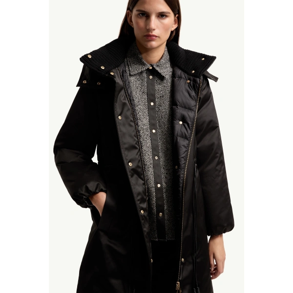 Moncler Contemplatif Hodded Long Down Parka Jacket in Black, view 6 | Women's Puffer and Down Coats | Coveti