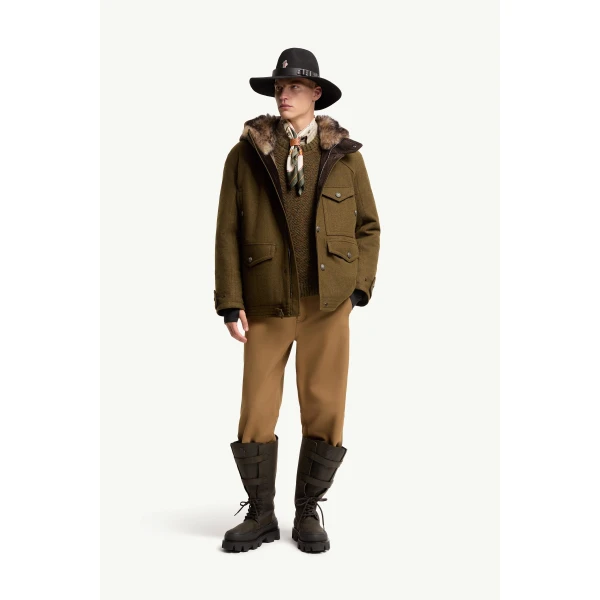 Moncler Cooper Hooded Shearling-Trimmed Padded Mid-Length Jacket in Brown, view 2 | Men's Jackets | Coveti