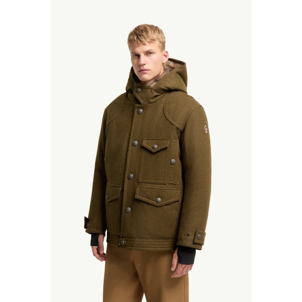 Moncler Cooper Hooded Shearling-Trimmed Padded Mid-Length Jacket in Brown, view 4 | Men's Jackets | Coveti