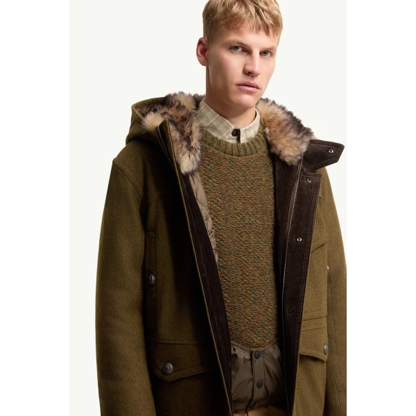 Moncler Cooper Hooded Shearling-Trimmed Padded Mid-Length Jacket in Brown, view 6 | Men's Jackets | Coveti