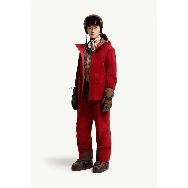 Moncler Corduroy Insulated Ski Trousers in Dark Red, view 2 | Men's Skiwear | Coveti