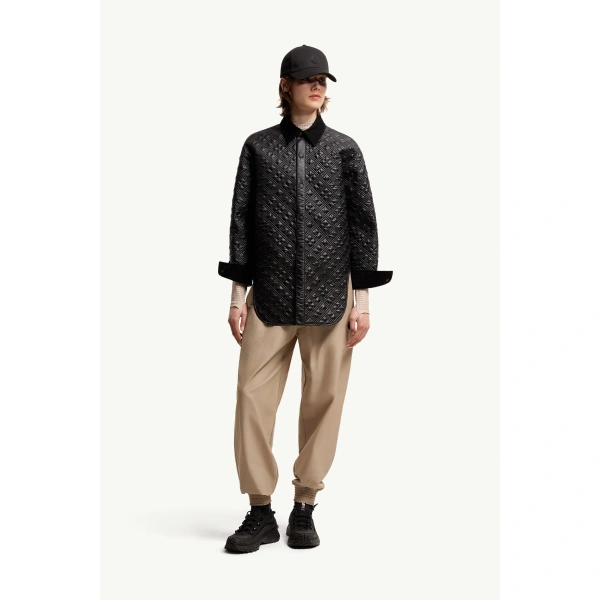 Moncler Corduroy-Trimmed Padded Shirt Jacket in Black, view 2 | Women's Puffer Jackets | Coveti