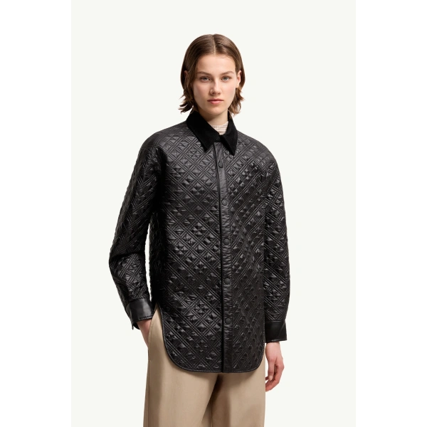 Moncler Corduroy-Trimmed Padded Shirt Jacket in Black, view 4 | Women's Puffer Jackets | Coveti