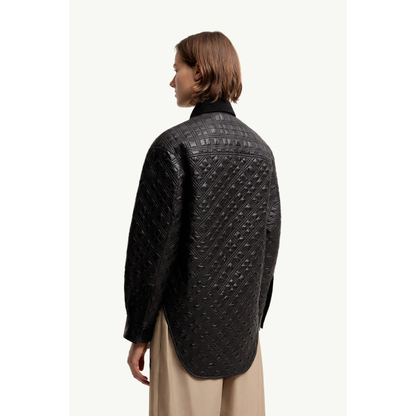Moncler Corduroy-Trimmed Padded Shirt Jacket in Black, view 5 | Women's Puffer Jackets | Coveti