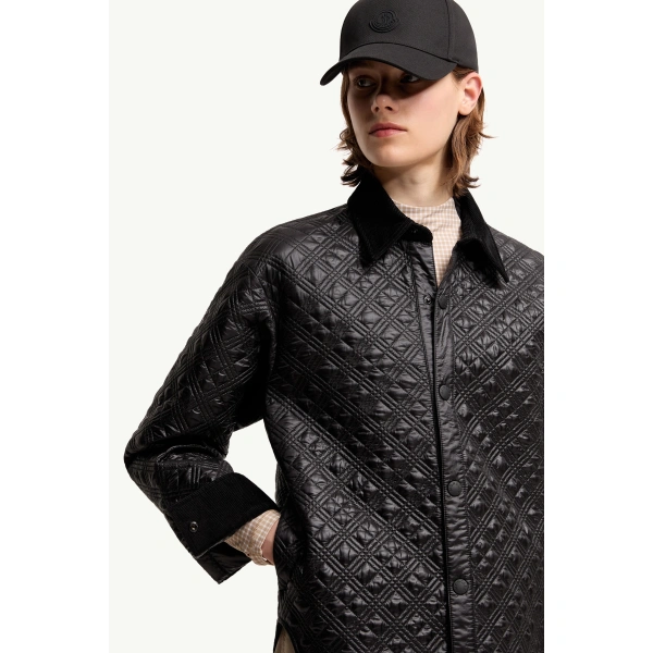Moncler Corduroy-Trimmed Padded Shirt Jacket in Black, view 6 | Women's Puffer Jackets | Coveti