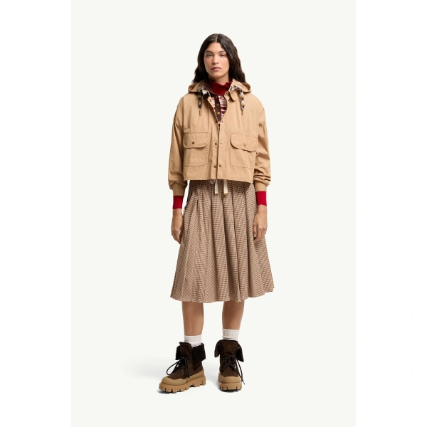 Moncler Cotton Blend Hooded Shirt Jacket in Beige, view 2 | Women's Jackets | Coveti