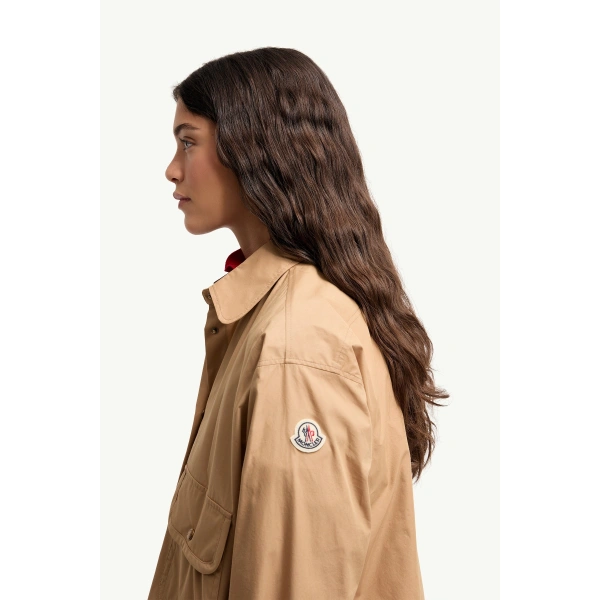 Moncler Cotton Blend Hooded Shirt Jacket in Beige, view 3 | Women's Jackets | Coveti