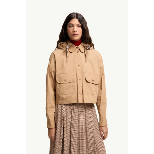 Moncler Cotton Blend Hooded Shirt Jacket in Beige, view 4 | Women's Jackets | Coveti
