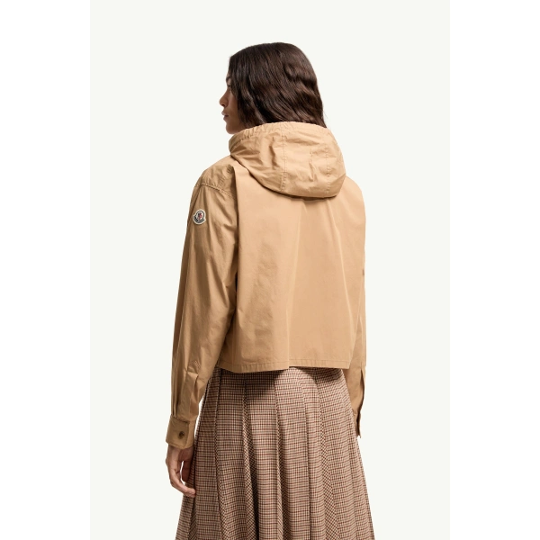 Moncler Cotton Blend Hooded Shirt Jacket in Beige, view 5 | Women's Jackets | Coveti