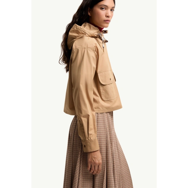 Moncler Cotton Blend Hooded Shirt Jacket in Beige, view 6 | Women's Jackets | Coveti